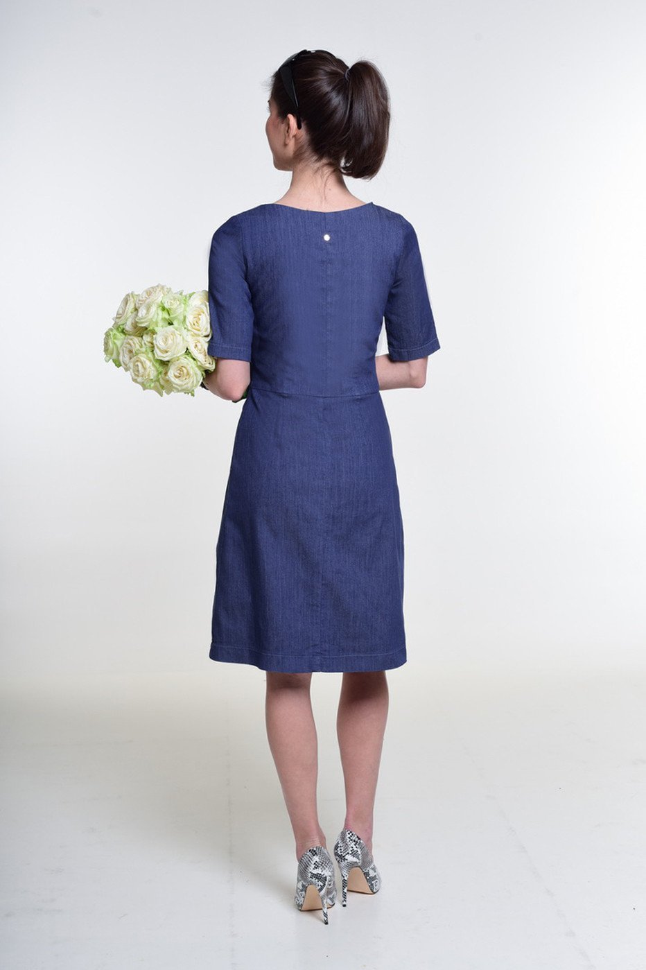 "The Paris Dress" with V neckline and elbow length sleeve - denim
