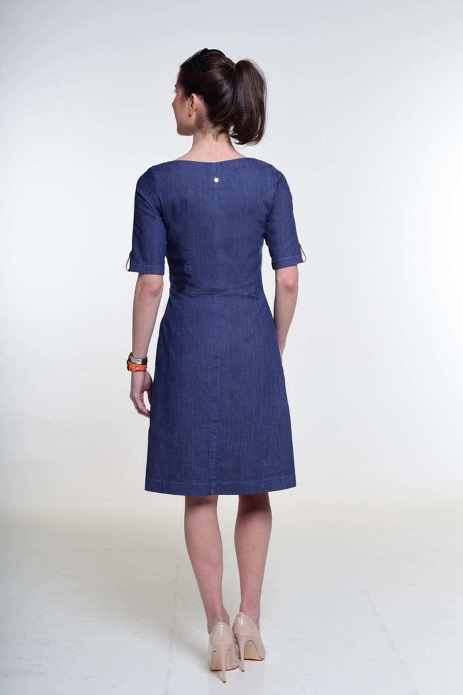 "The Paris Dress" with boat neckline and elbow length sleeve - denim
