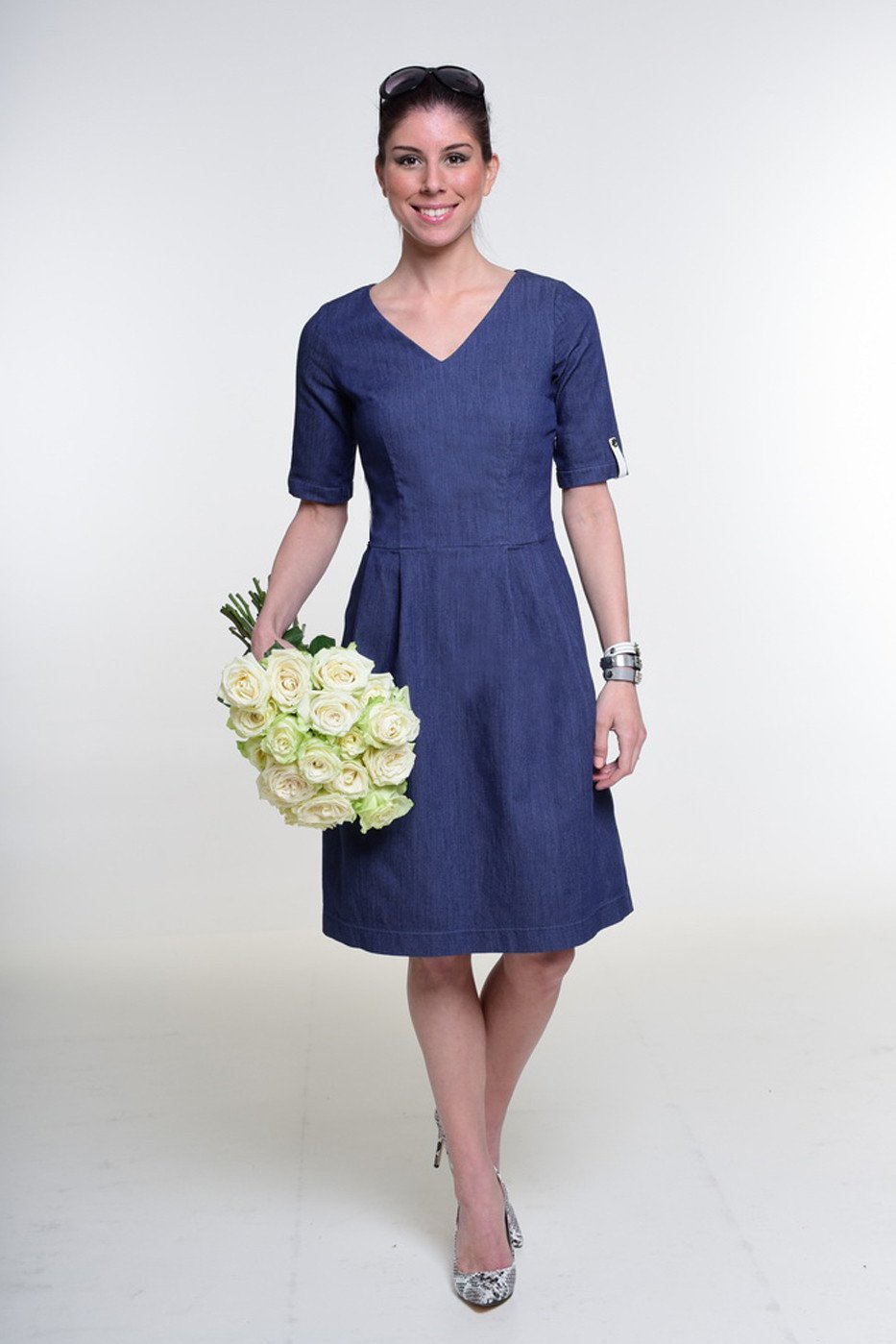 "The Paris Dress" with V neckline and elbow length sleeve - denim