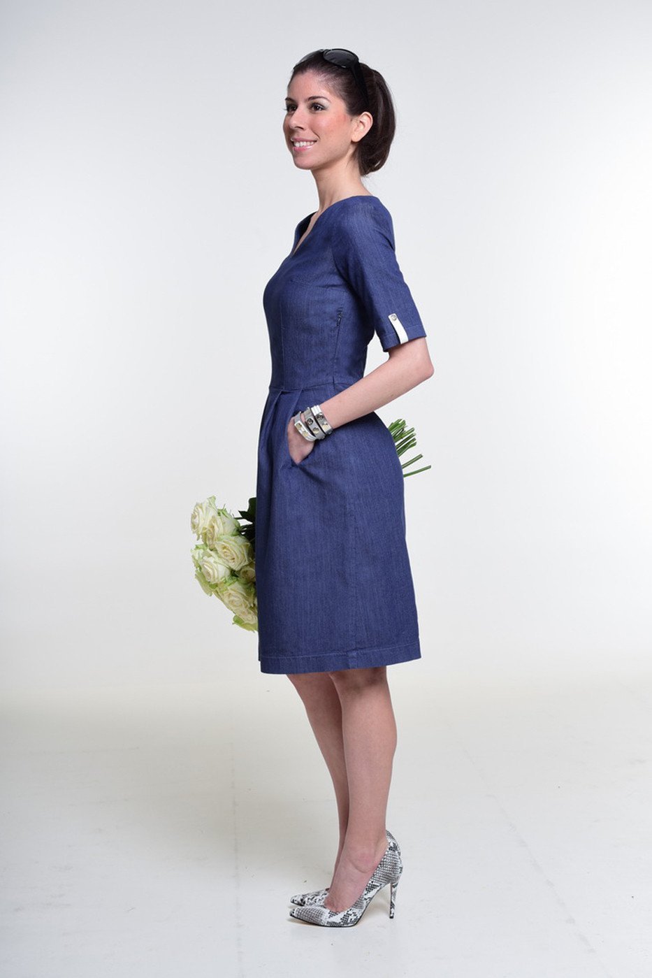 "The Paris Dress" with V neckline and elbow length sleeve - denim