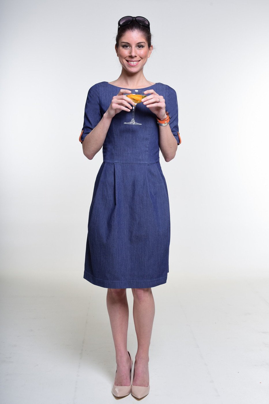 "The Paris Dress" with boat neckline and elbow length sleeve - denim