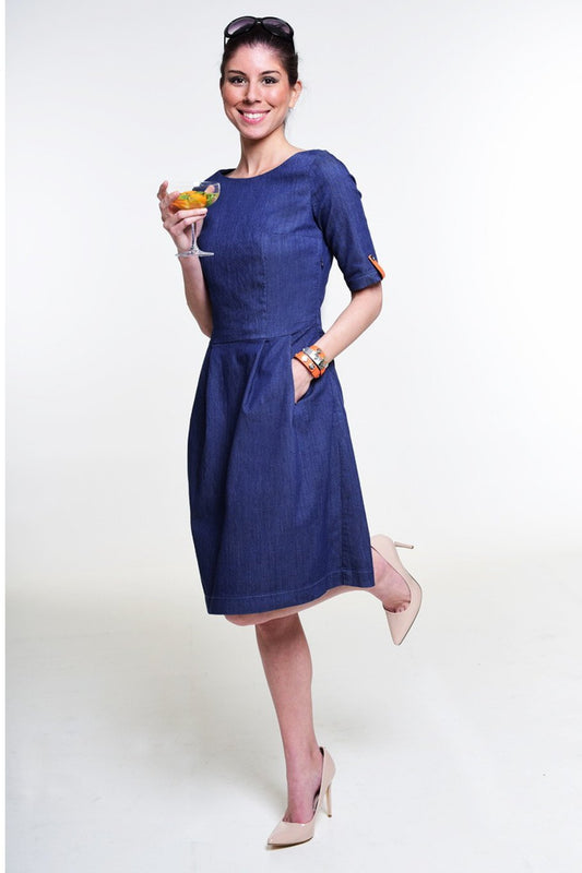 "The Paris Dress" with boat neckline and elbow length sleeve - denim