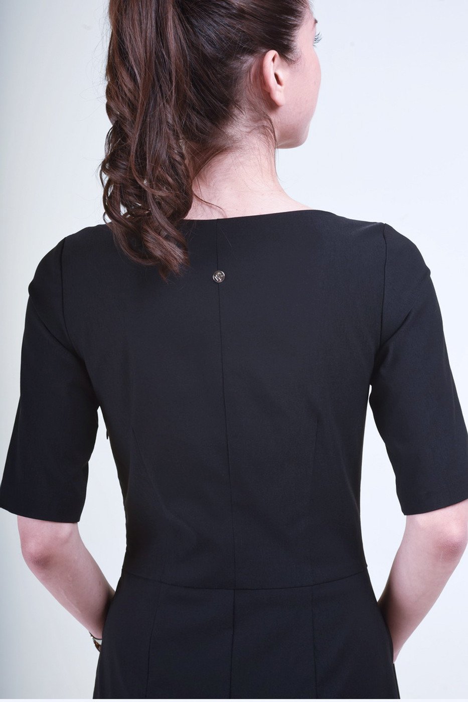 "The Paris Dress" with boat neckline and elbow length sleeve