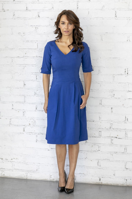 "The Paris Dress"  V neck and elbow length sleeve -royal blue
